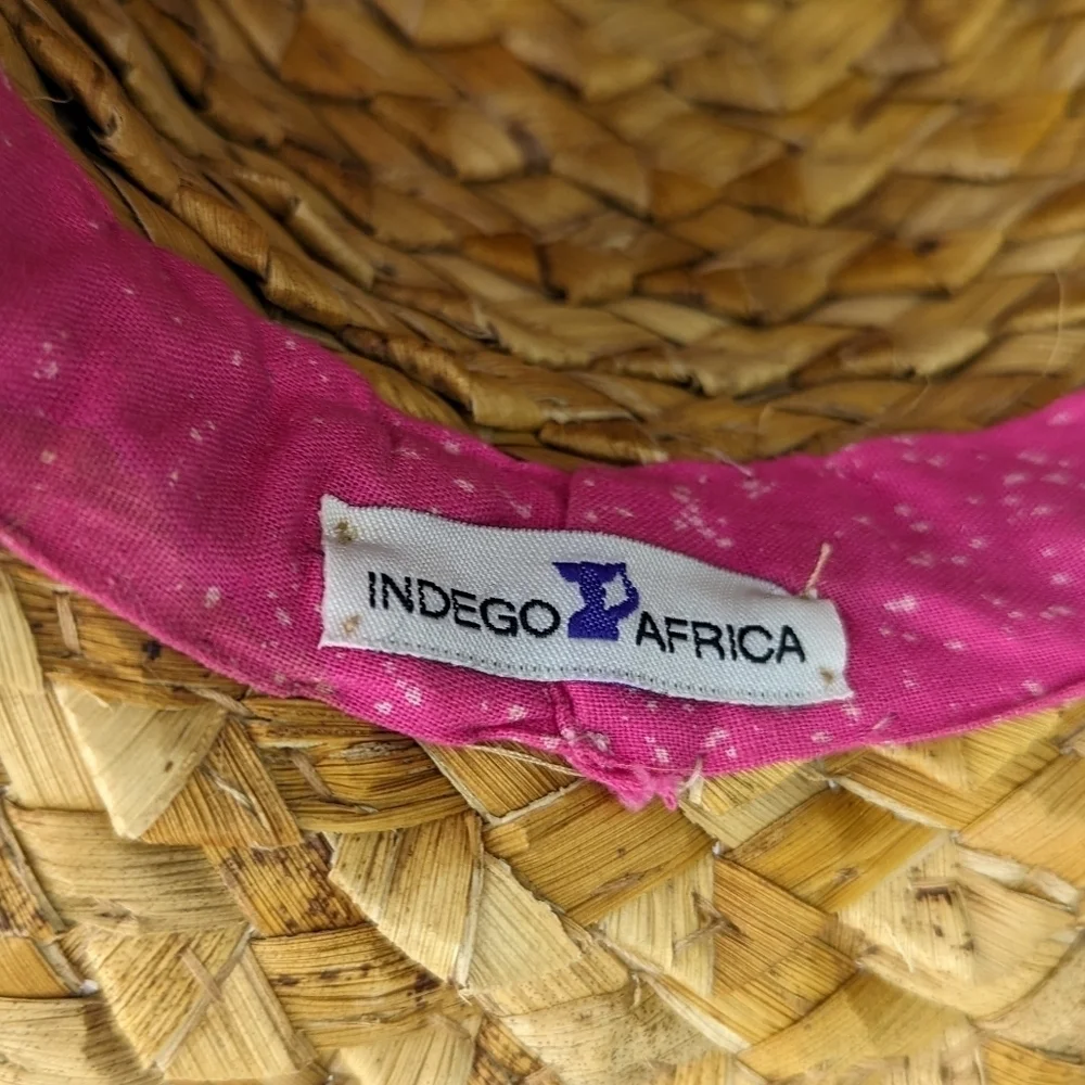 Vintage Hat Straw Sun Ladies Wide Brim Beach Shade Floppy Fabric Indego Africa - Picture 9 of 11